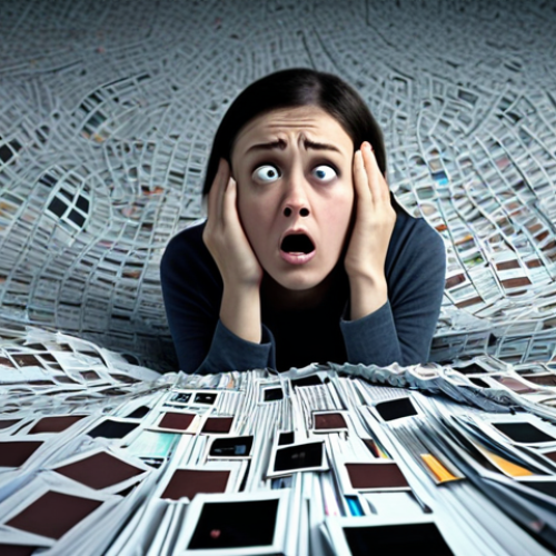 Home 25 **Information Overload:** A person overwhelmed by a sea of data, struggling to find valuable knowledge. Focus on conveying a sense of being lost and frustrated by excessive information.