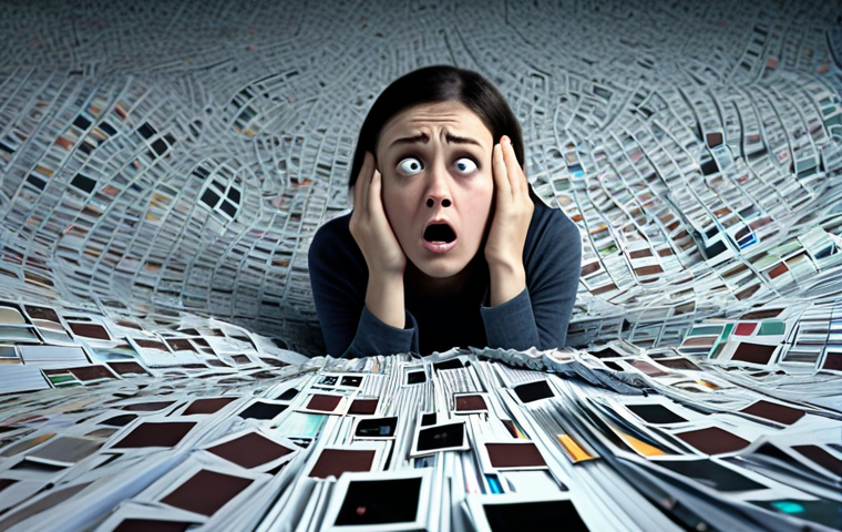**Information Overload:** A person overwhelmed by a sea of data, struggling to find valuable knowledge. Focus on conveying a sense of being lost and frustrated by excessive information.