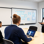 **

A diverse group of employees participating in a knowledge-sharing session at a modern office. Some are presenting ideas on a whiteboard, others are engaged in discussions, and some are using laptops. The atmosphere is collaborative and innovative, with visible elements of training materials and technology. Focus on conveying a sense of active learning and teamwork.

**