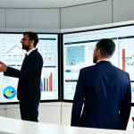 A diverse group of professional individuals, fully clothed in modest business suits and professional dress, gathered around a large interactive digital screen in a sleek, modern office. They are engaged in a focused discussion, analyzing complex data visualizations and charts displayed on the screen, reflecting efficient information flow. The office environment is clean, well-lit, and highly organized, emphasizing structured knowledge. Perfect anatomy, correct proportions, natural pose, well-formed hands, proper finger count, natural body proportions. High-resolution professional photography, crisp details, natural lighting, appropriate content, safe for work, professional, family-friendly.