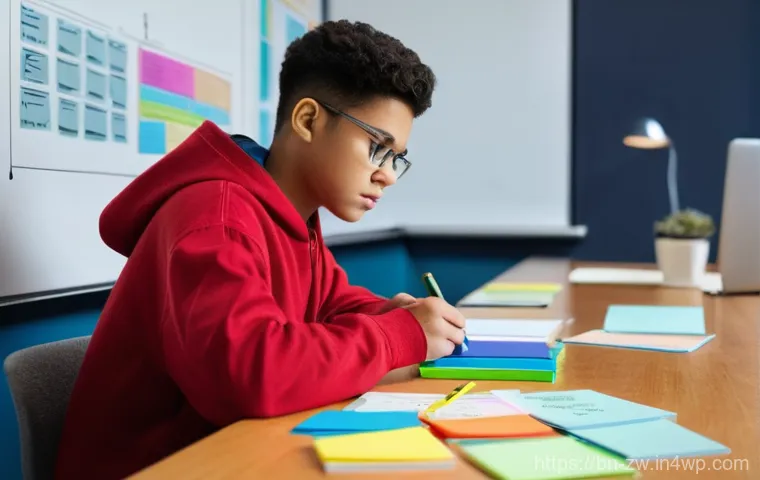 효율적인 지식 구조화 방법론 - **Prompt:** A young person, late teens or early twenties, with a focused expression, is seated at a ...