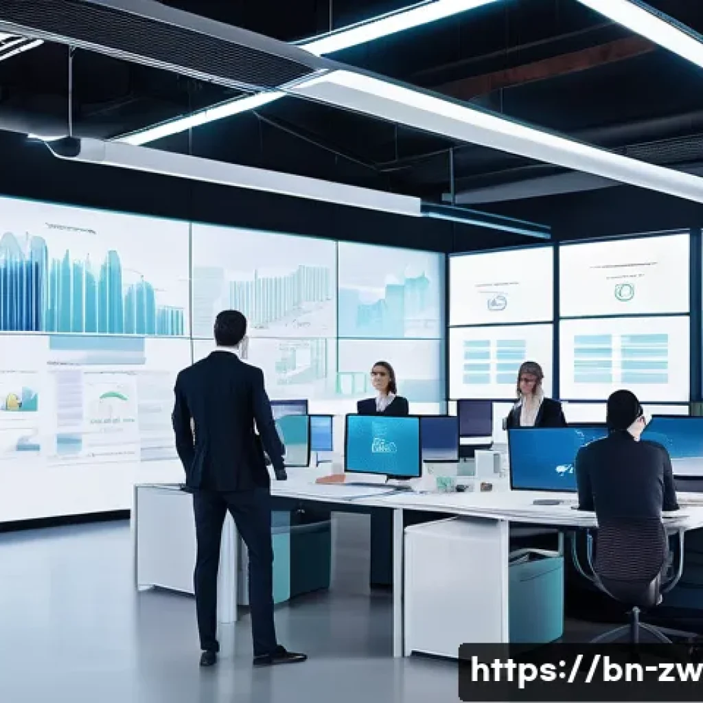 지식 관리 시스템의 발전 방향 - **Prompt:** A dynamic, wide-angle shot of a modern, open-plan office environment. In the center, a l...