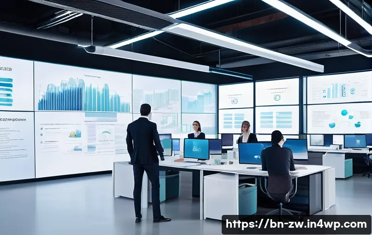 지식 관리 시스템의 발전 방향 - **Prompt:** A dynamic, wide-angle shot of a modern, open-plan office environment. In the center, a l...