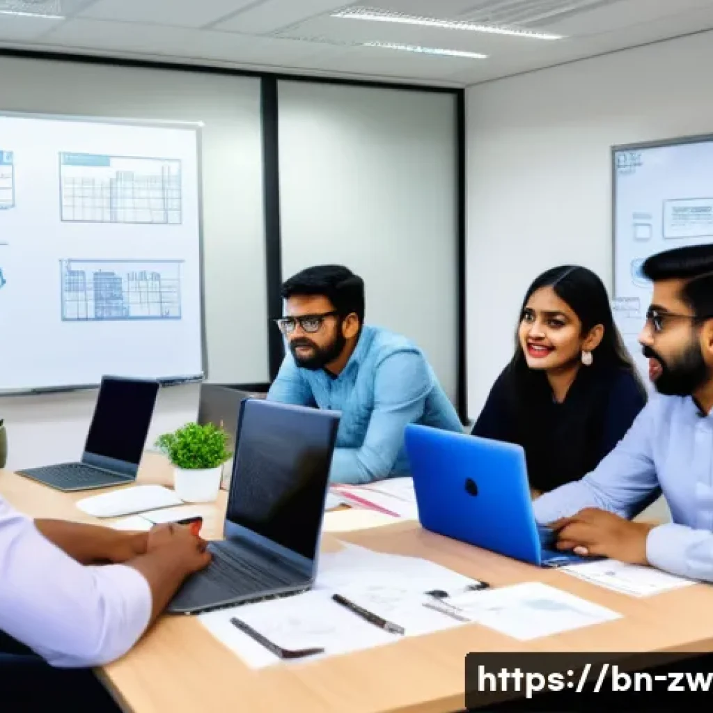 지식 관리 프레임워크  이론과 실제 - A modern office scene showing a diverse Bengali team engaged in a collaborative brainstorming sessio...