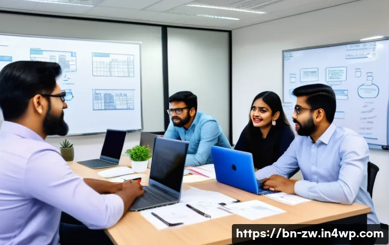 지식 관리 프레임워크  이론과 실제 - A modern office scene showing a diverse Bengali team engaged in a collaborative brainstorming sessio...