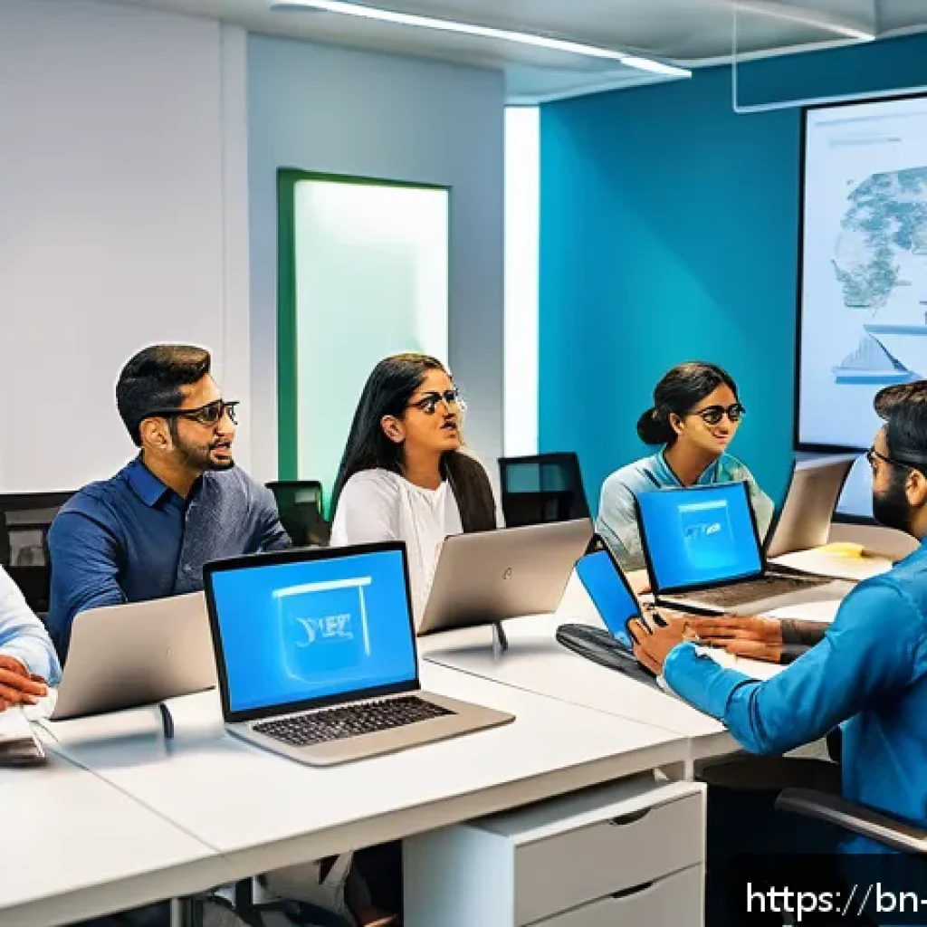 비즈니스에서의 지식 구조화 시스템 활용 사례 - A modern office scene showing a diverse group of Bengali professionals collaborating using digital t...
