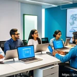 Home 23 비즈니스에서의 지식 구조화 시스템 활용 사례 - A modern office scene showing a diverse group of Bengali professionals collaborating using digital t...