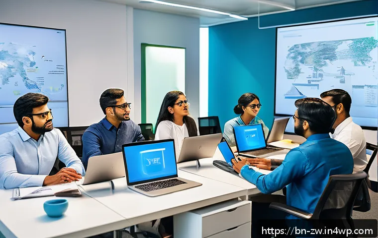 비즈니스에서의 지식 구조화 시스템 활용 사례 - A modern office scene showing a diverse group of Bengali professionals collaborating using digital t...